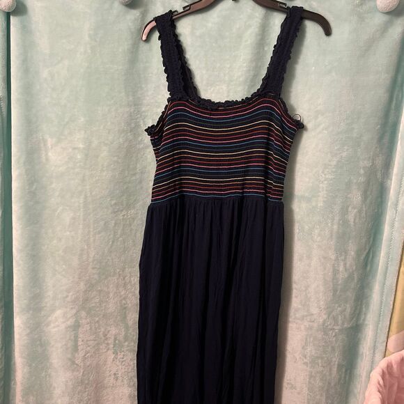 ModCloth Plus Rainbow Stripe Navy Jumpsuit Jumper 1x Smocked Flowy - Picture 5 of 5